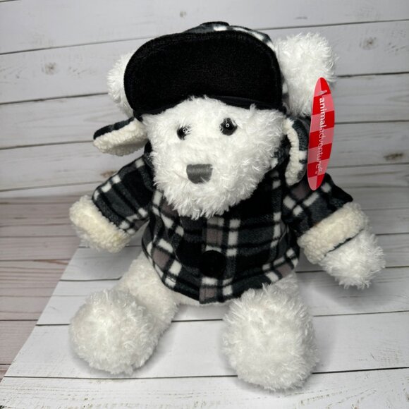 Animal Adventure 15" White Bear Black Plaid Winter Jacket Cap Plush Stuffed Toy - Picture 1 of 9